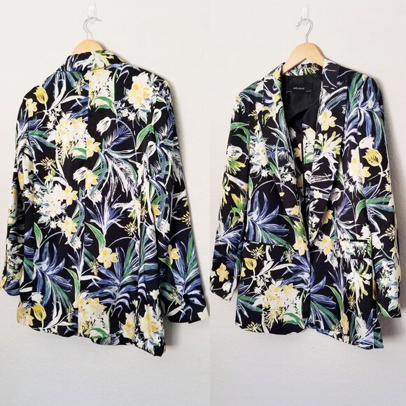 Zara Basic Floral Print Silky Satin Open Front Blazer Jacket M Vibrant Tropical - Picture 16 of 16